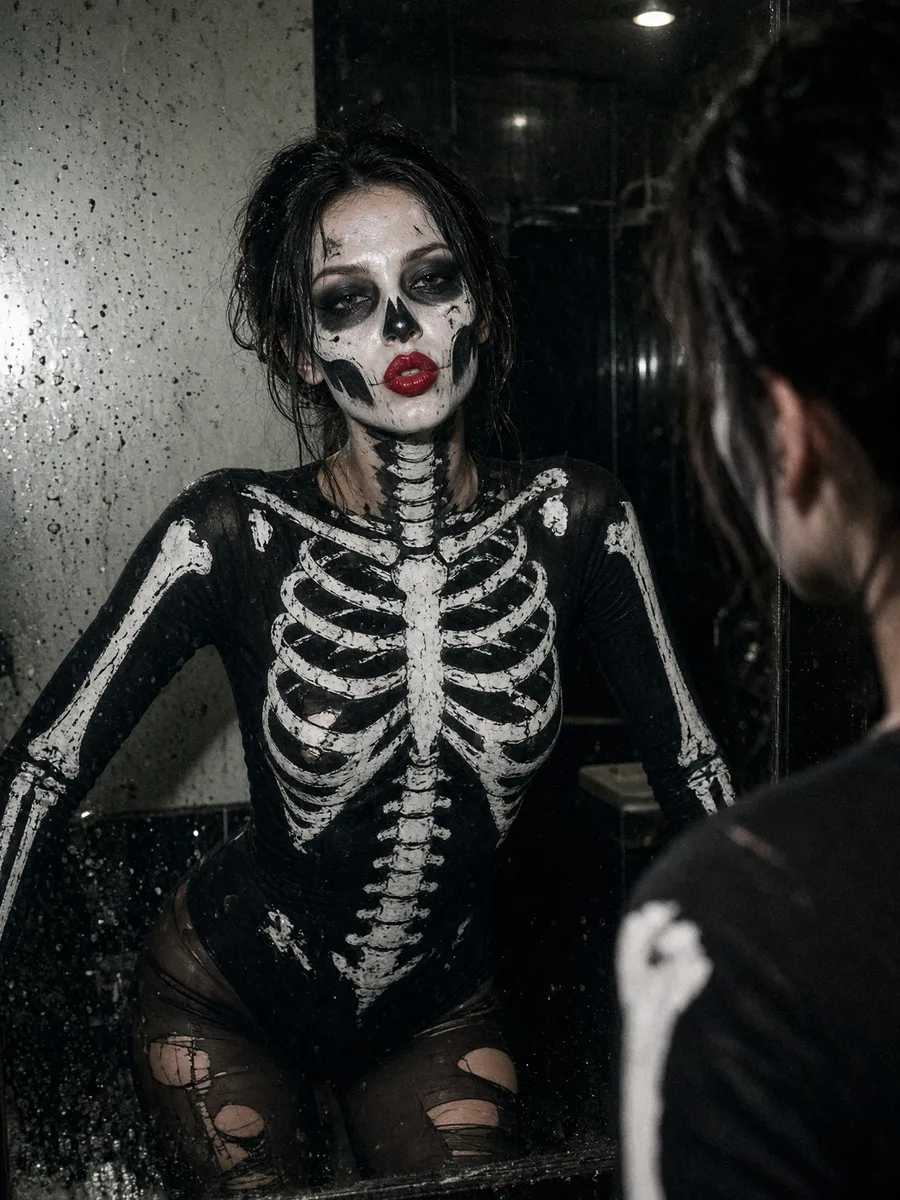 Squelette peint Déguisement squelette sexy, body noir peint d'os blancs, maquillage tête de mort et lèvres rouges