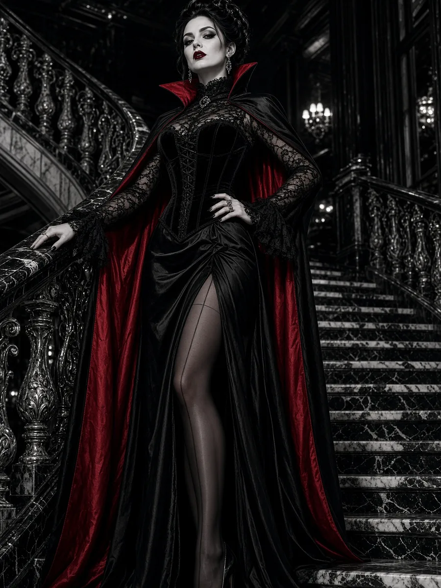 Vampire en cape doublée rouge Déguisement vampire sexy, robe noire fendue, corset en dentelle et grande cape doublée rouge