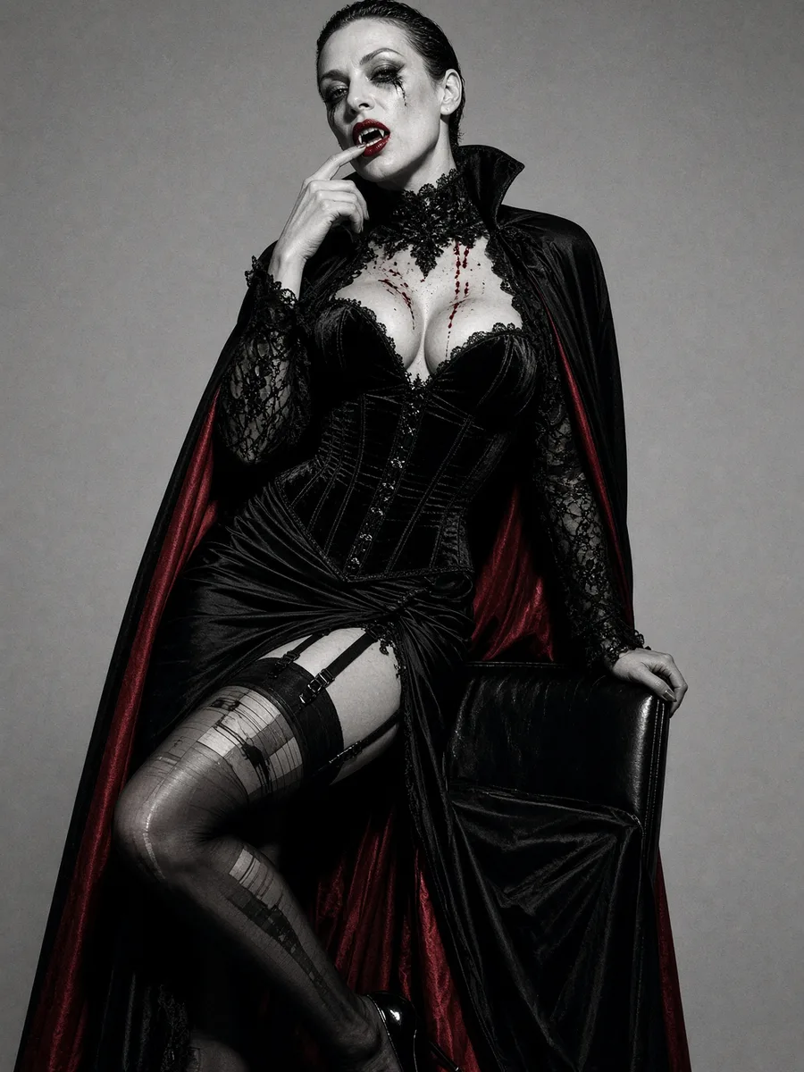 Déguisement vampire femme sexy, corset en dentelle noire, cape rouge et bas à jarretelles