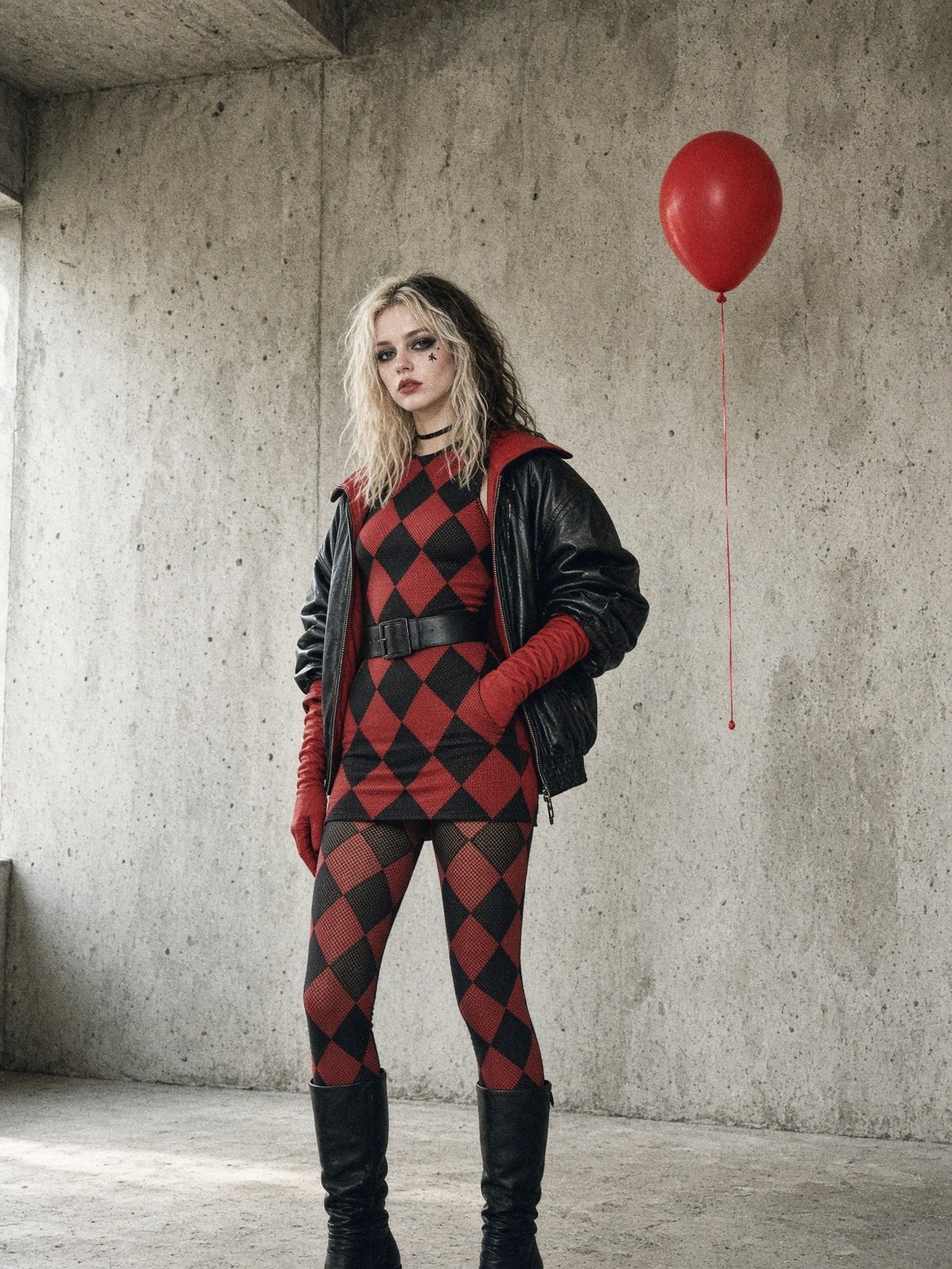 Mannequin en robe fourreau et legging à motif losange rouge et noir, gants longs rouges et collier ras-de-cou, dans un studio nu