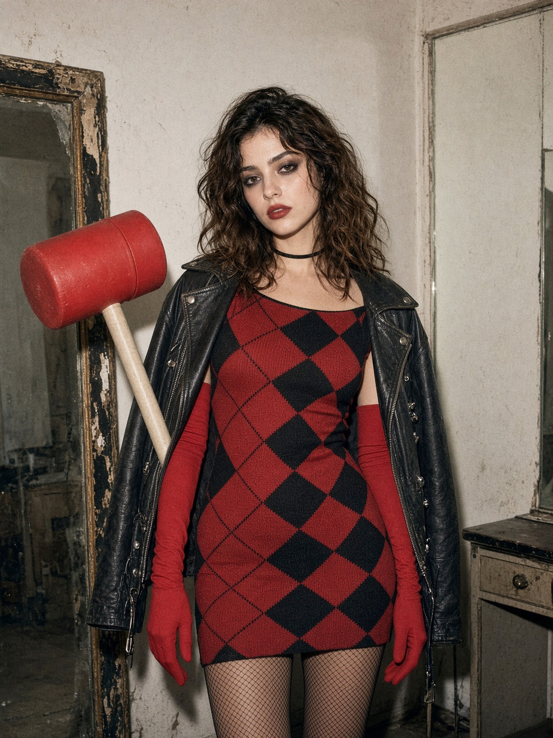 Mannequin portant un look inspiré d'Harley Quinn en maille rouge et noire à motifs losanges, gants longs et collier ras-de-cou, dans un décor de loge de théâtre