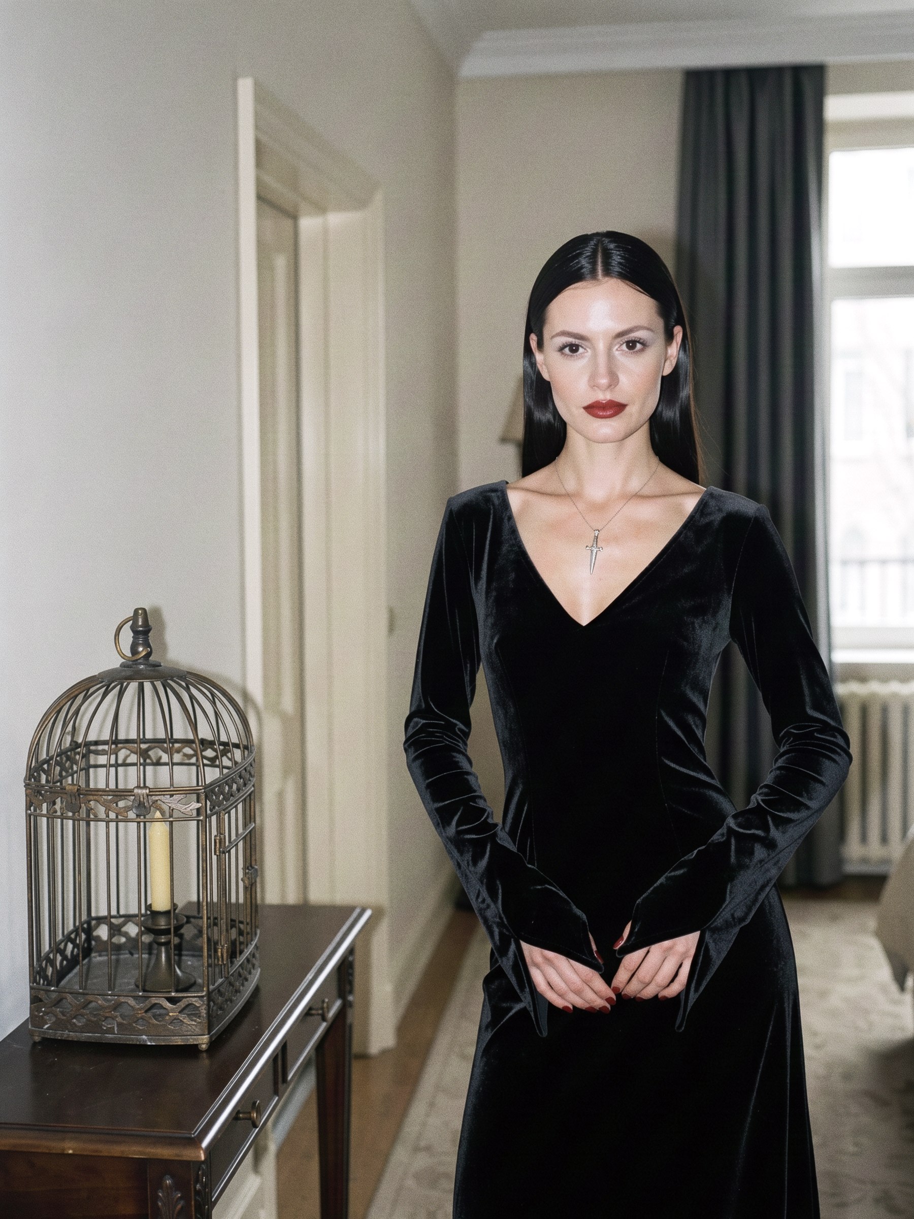 Mannequin en robe noire longue à manches pointues et col en V, maquillage pâle et bouche sombre, pose éditoriale dans un décor nu avec une touche de rouge.