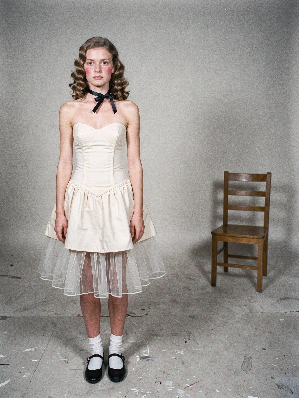 Mannequin en robe bustier crème sur jupon en tulle, ruban noir au cou et Mary Jane plates, dans un studio nu