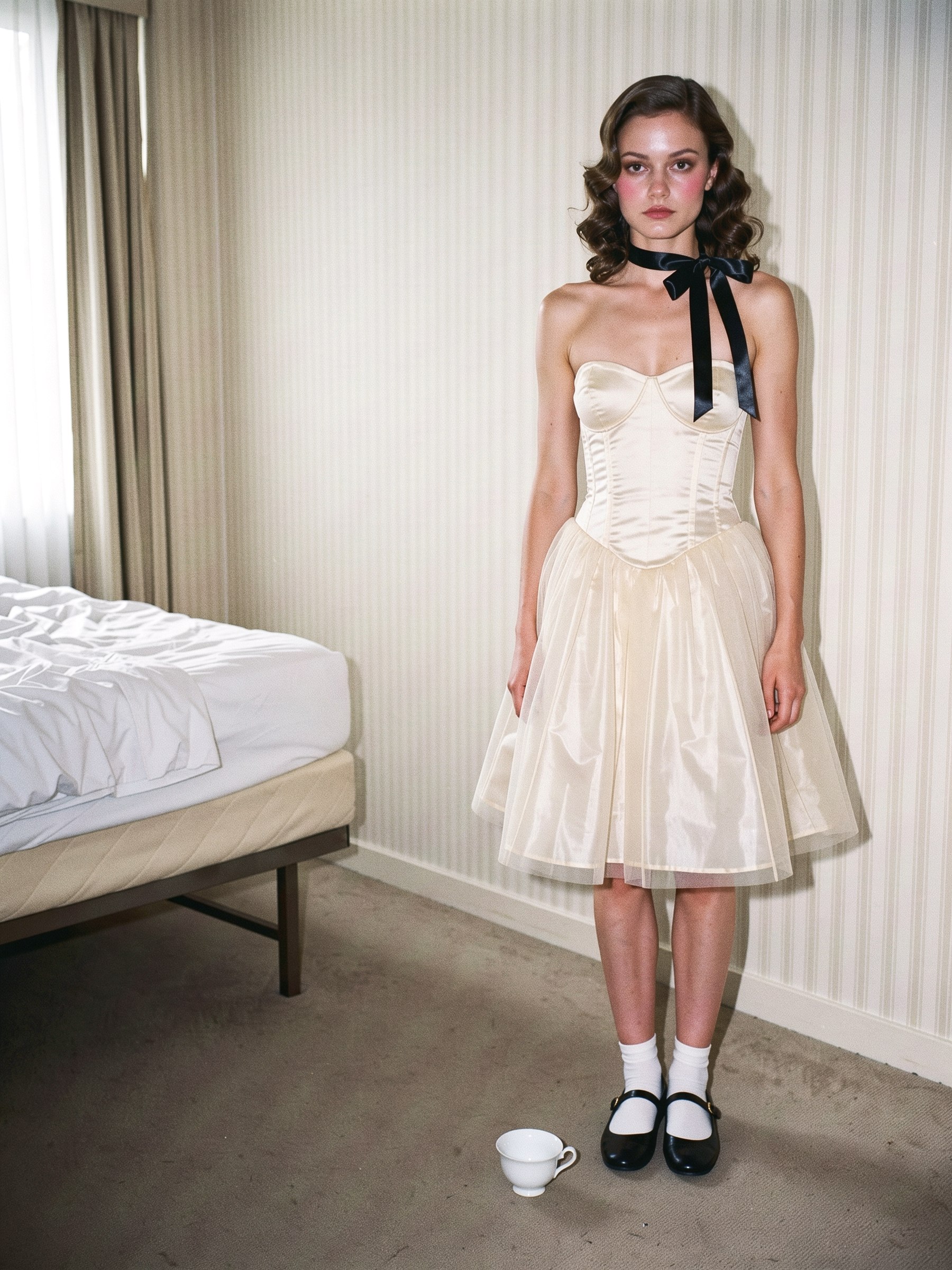 Mannequin en robe bustier crème, jupon en tulle et ruban noir noué au cou, dans une chambre d'hôtel éclairée au flash