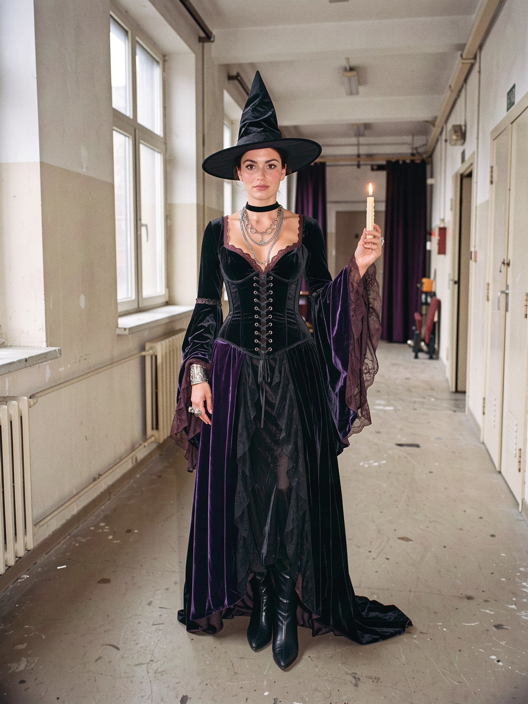 Mannequin portant un chapeau de sorcière en feutre noir à large bord avec une robe en velours et des bijoux argentés imposants