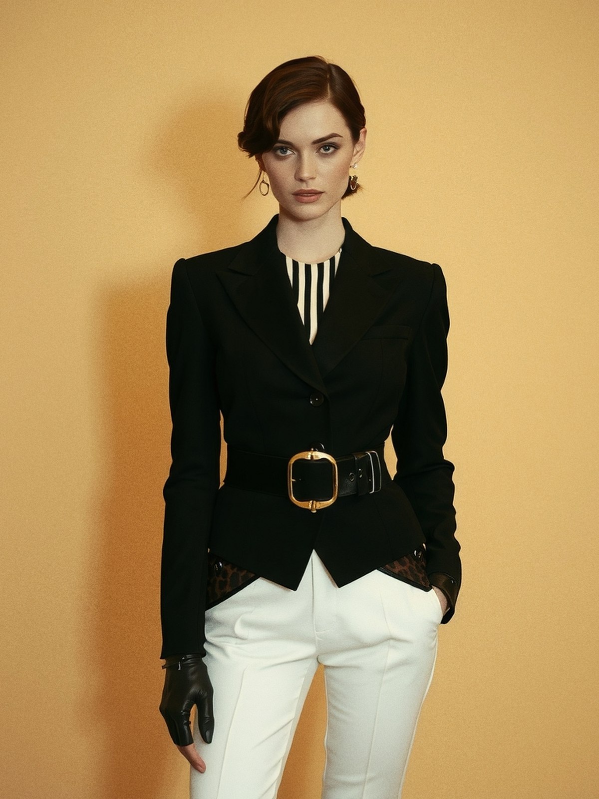 Mannequin en blazer noir avec broche en forme de mors argenté au revers, pantalon blanc et bottes d'équitation hautes