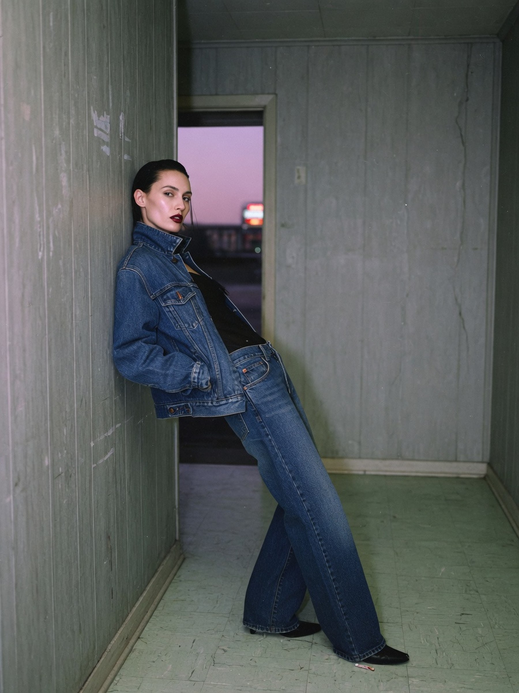 Toile de denim brut pliée, coutures et rivets visibles