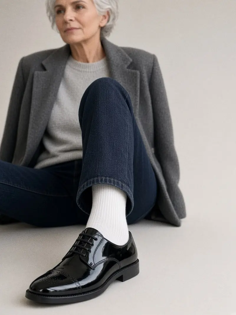Illustration, mannequin fictif : Gros plan de profil sur la tranche d'un derby noir verni porté avec un jean droit et une chaussette blanche côtelée, couture visible le long de la semelle.