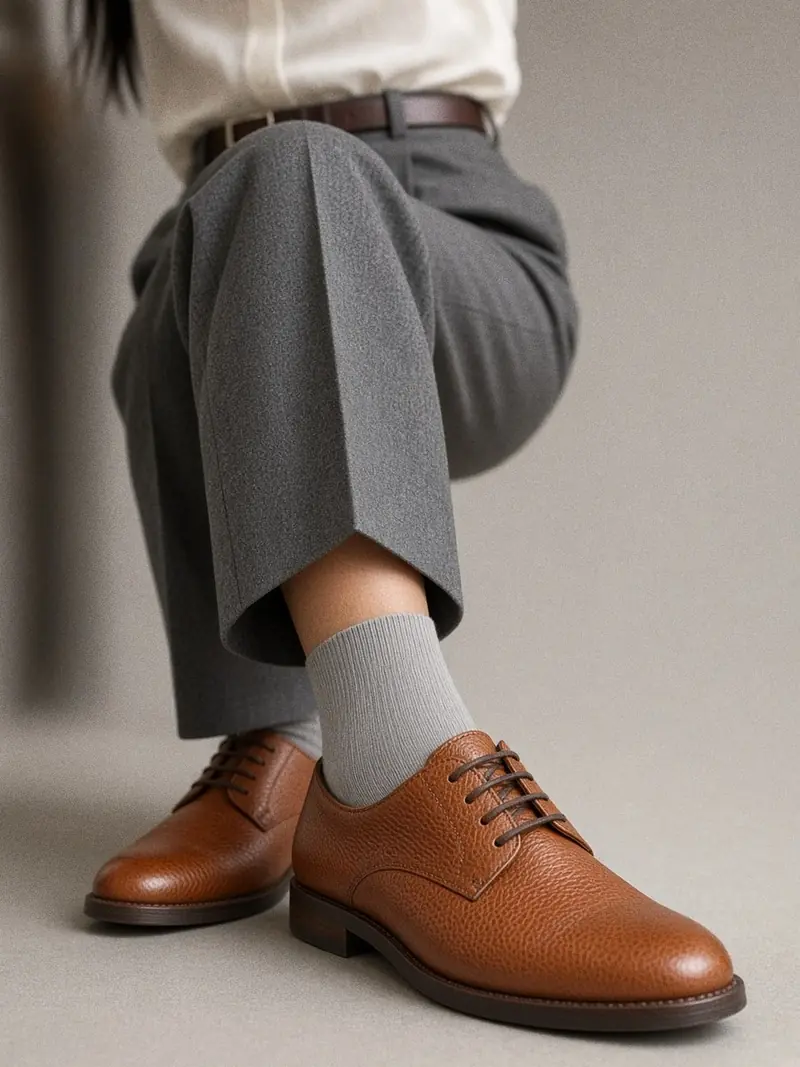 Illustration, mannequin fictif : Détail du laçage ouvert d'un derby en cuir grainé cognac porté avec un pantalon à pinces gris et une chaussette fine ton sur ton.