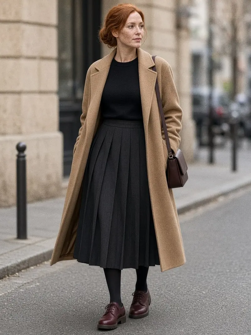 Illustration, mannequin fictif : Silhouette en pied d'une femme en jupe midi plissée sombre, collant opaque, derbies bordeaux à semelle épaisse et long manteau camel ouvert.