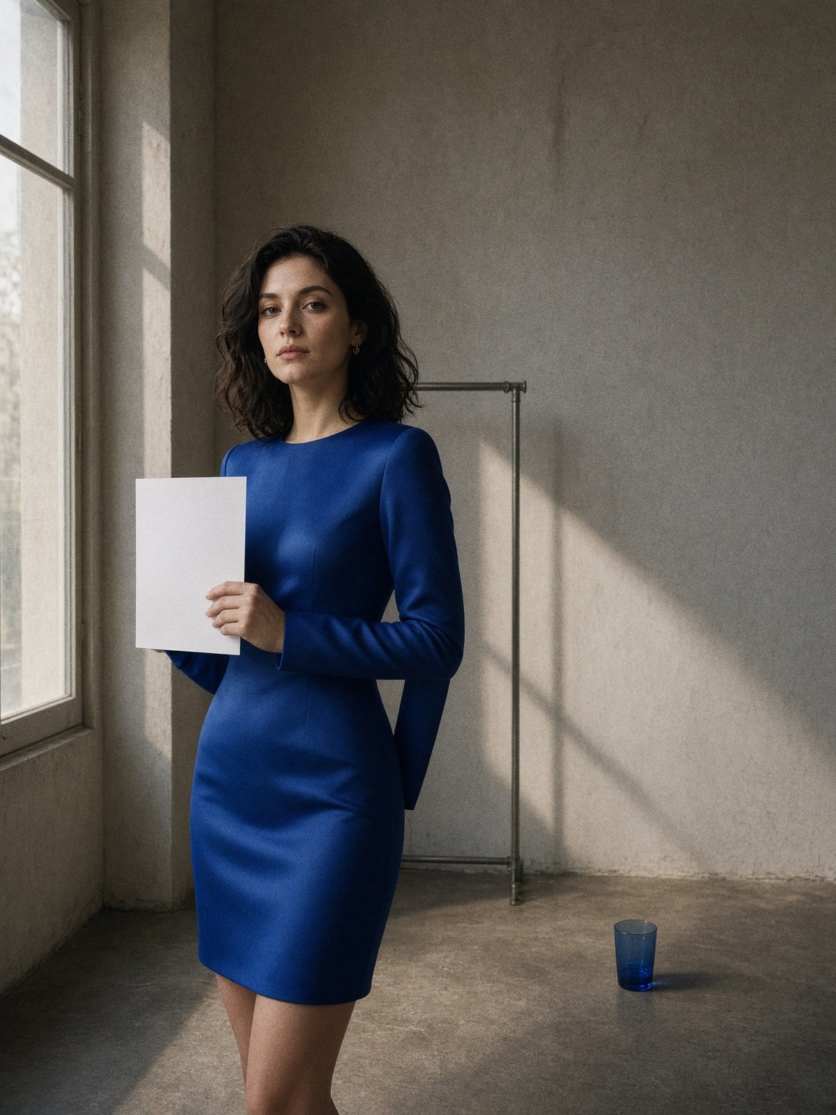 Mannequin en veste de satin bleu cobalt près d'une vitrine, une feuille blanche tenue contre la manche pour comparer la teinte à la lumière du jour