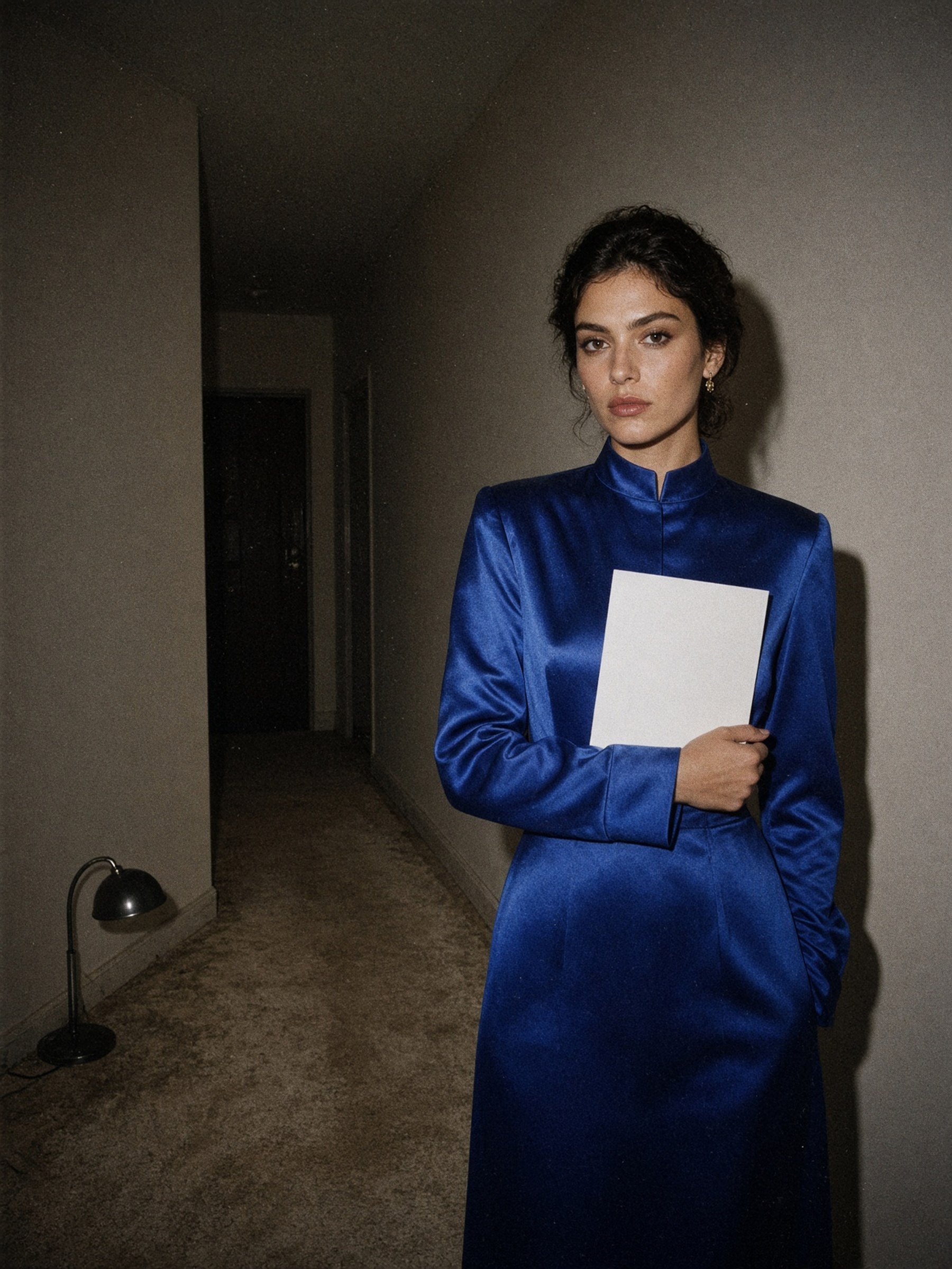 Mannequin en veste de satin bleu cobalt debout dans un couloir d'hôtel, visage entièrement visible, feuille blanche tenue contre le tissu