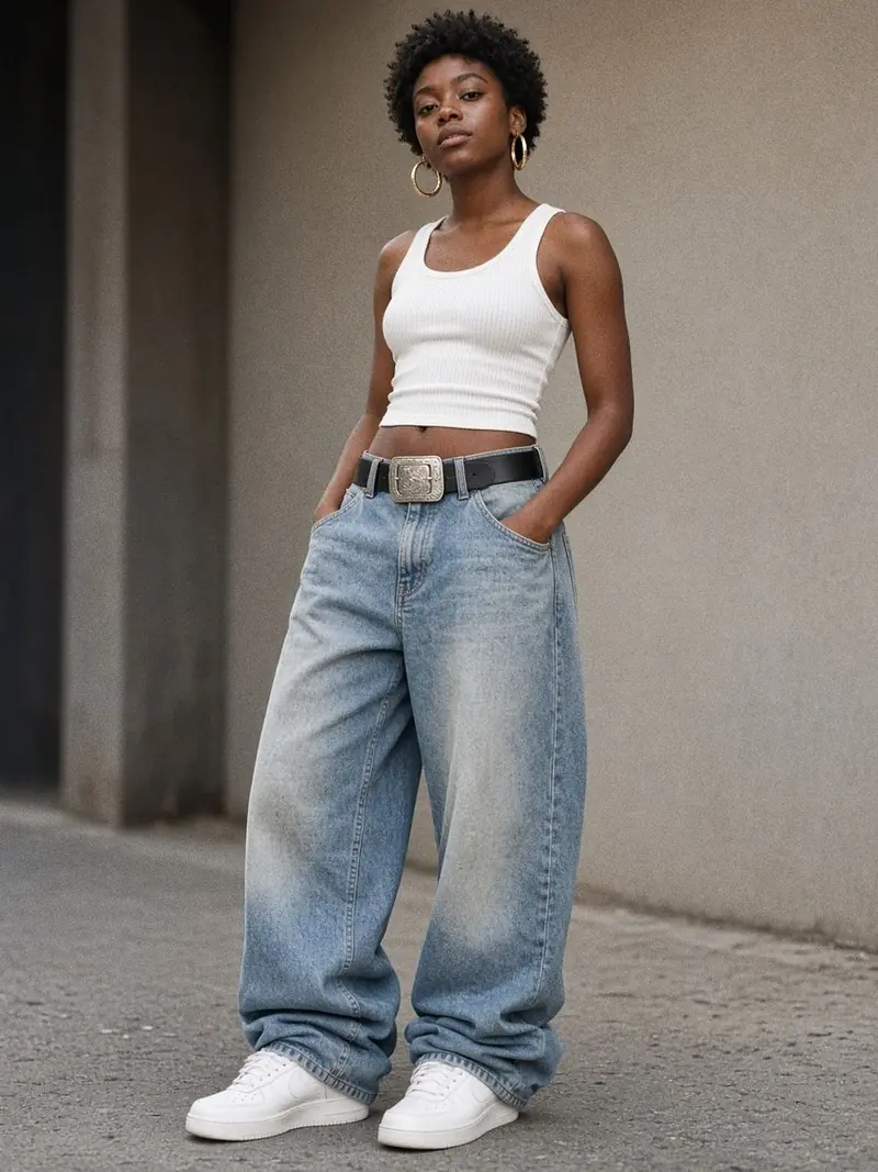 Illustration, mannequin fictif : Une femme en jean baggy délavé clair, débardeur court blanc côtelé et large ceinture noire à boucle argentée portée sur les hanches, baskets blanches aux pieds.