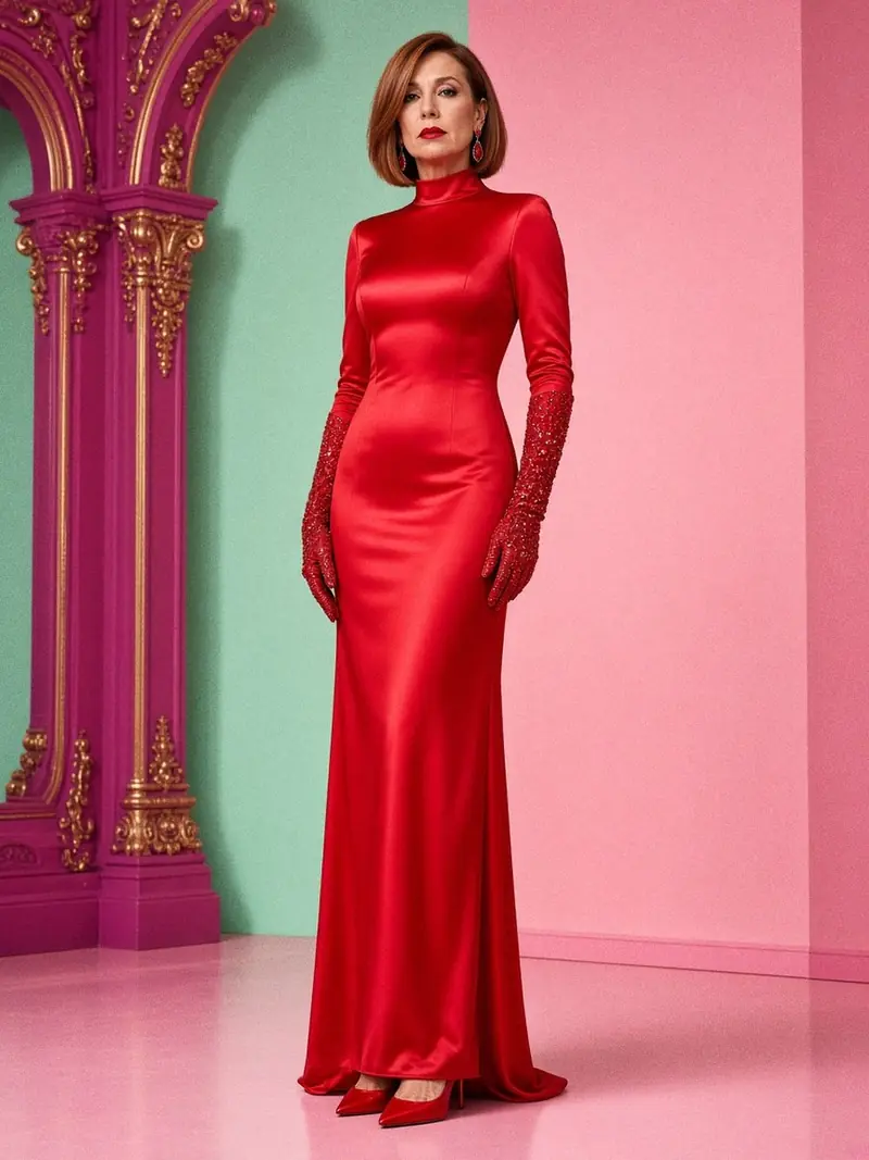 Illustration, mannequin fictif : Femme en longue robe rouge en satin à manches longues, avec des gants longs rouges couverts de cristaux et des escarpins rouges.