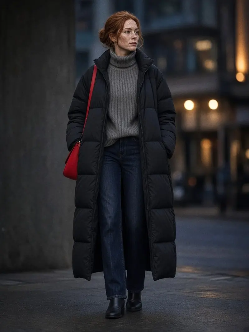 Illustration, mannequin fictif : Femme debout en doudoune longue noire mate ouverte sur un col roulé gris, jean droit brut, bottines noires et sac rouge vif.