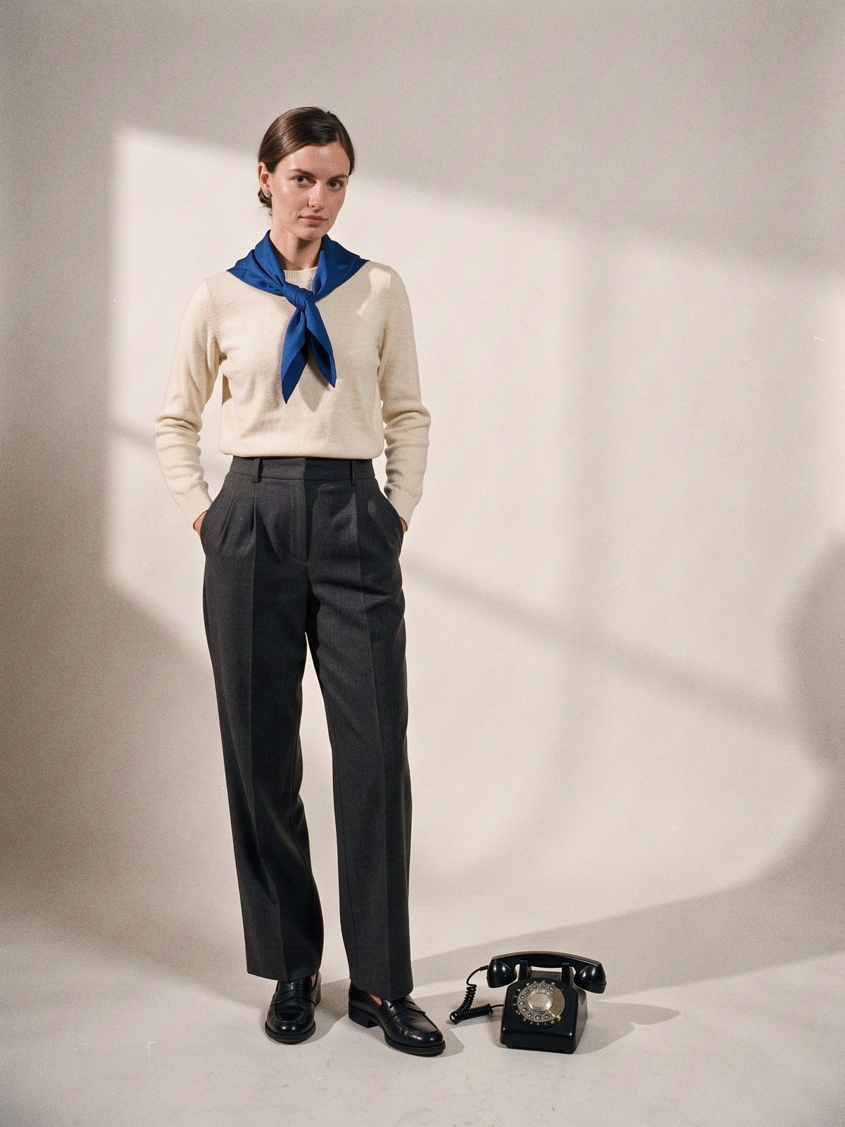 Mannequin en pantalon à pinces gris anthracite, pull fin crème, mocassins noirs et foulard bleu cobalt dans un studio nu