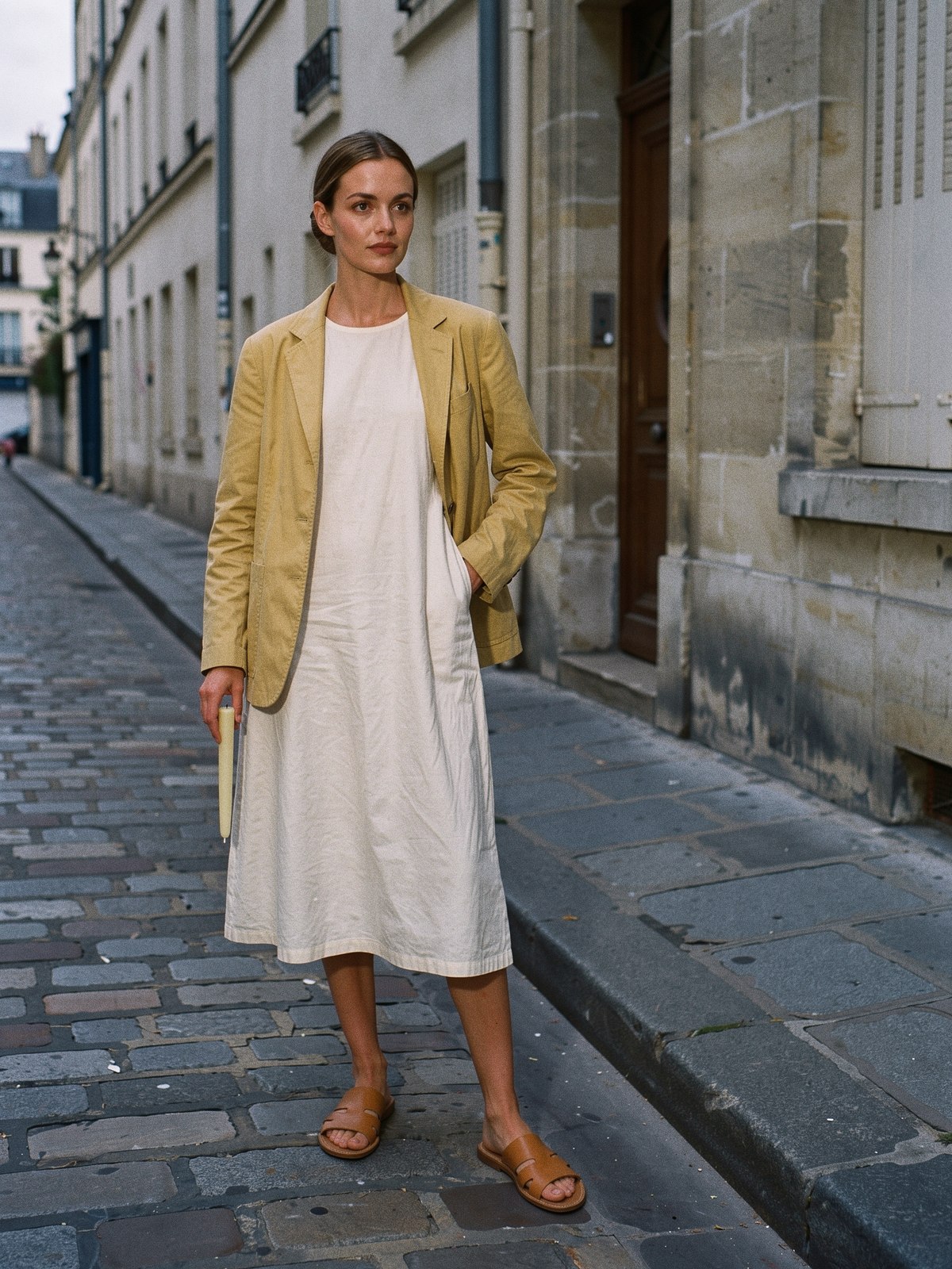 Mannequin en robe midi de coton blanc cassé et veste légère jaune moutarde couvrant les épaules, dans une rue pavée au crépuscule