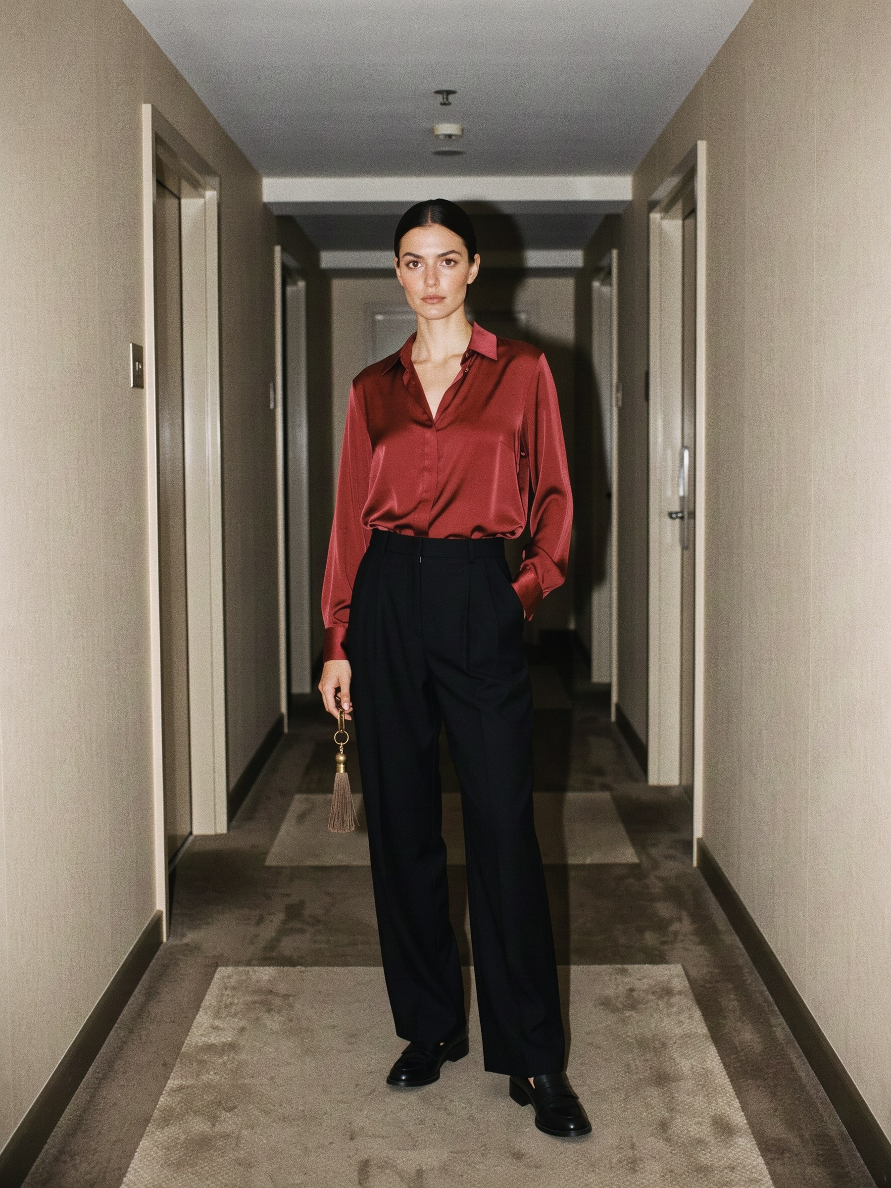 Mannequin en pantalon noir à pinces, blouse de soie rouge et mocassins, debout au bout d'un couloir d'hôtel