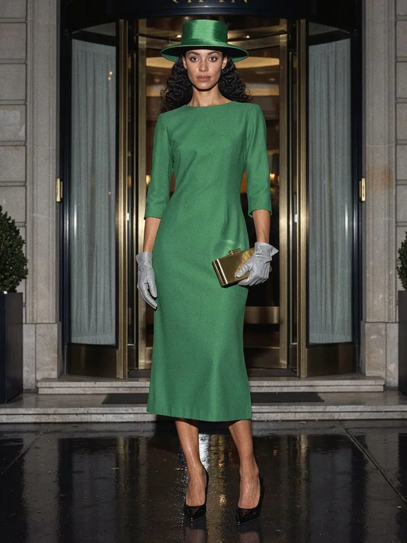 Illustration, mannequin fictif : Femme debout en robe midi vert profond ajustée, manches trois-quarts, petit chapeau plat vert, gants gris clair et escarpins noirs vernis.