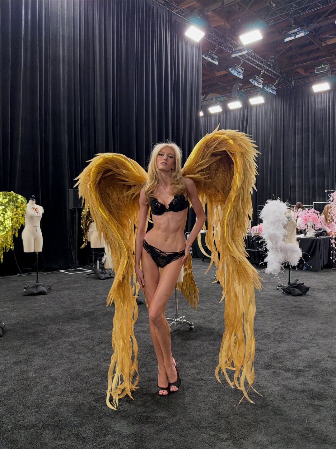Publication de Alex Consani sur Instagram : Alex Consani, Alex Consani en lingerie rose à cape caméléon : le deuxième look du défilé