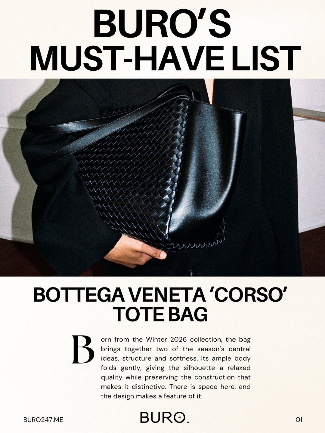 Publication de Buro 24/7 Middle East sur Instagram : le cabas Corso de Bottega Veneta, intrecciato noir et flancs en cuir lisse