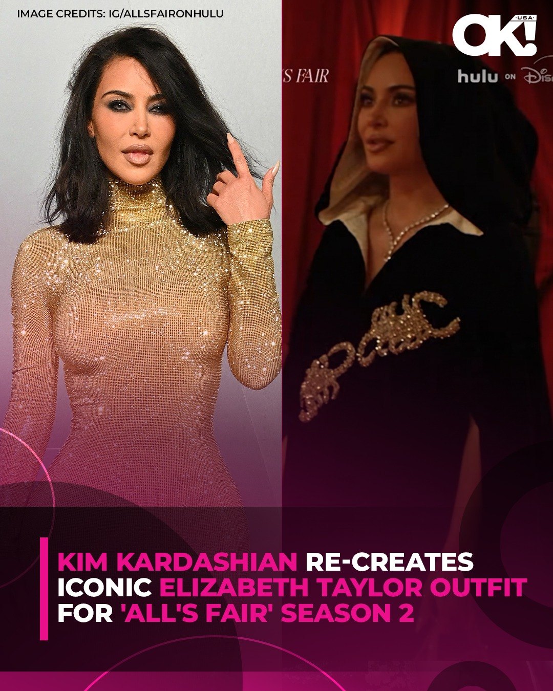 Publication de OK! Magazine sur Instagram : Kim Kardashian, cape en velours façon Elizabeth Taylor