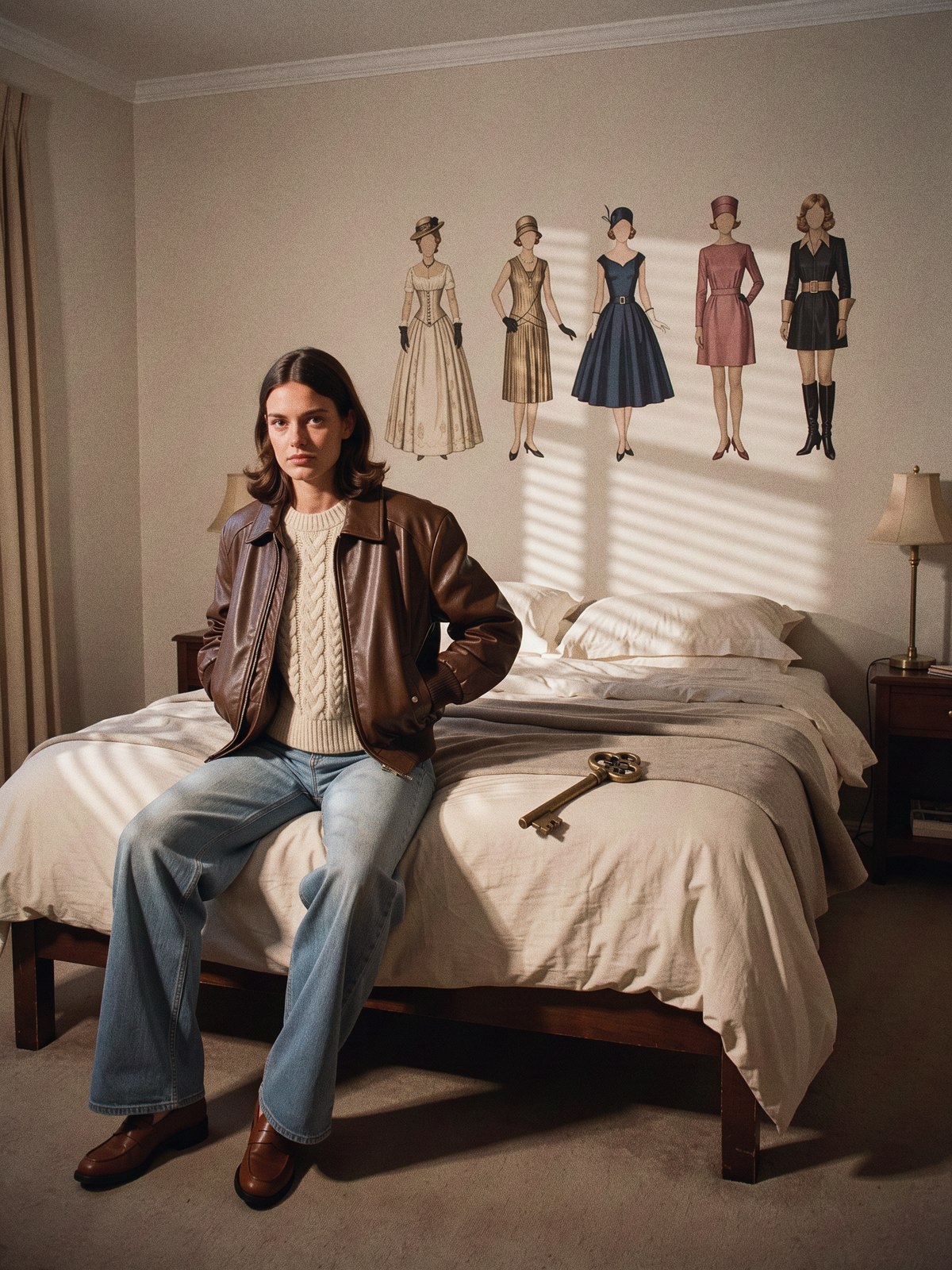Mannequin fictive en jean large, pull torsadé écru, blouson de cuir chocolat et mocassins, assise dans une chambre d'hôtel