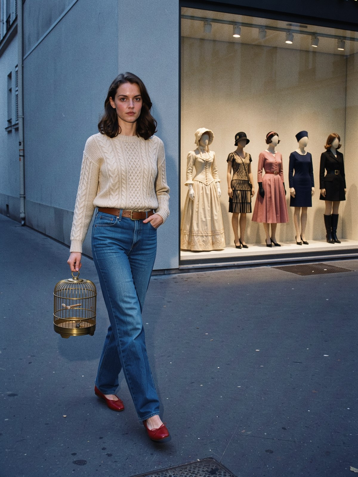 Mannequin fictive en jean droit taille haute, ceinture en cuir à boucle, pull torsadé écru rentré devant et ballerines, dans une rue au crépuscule