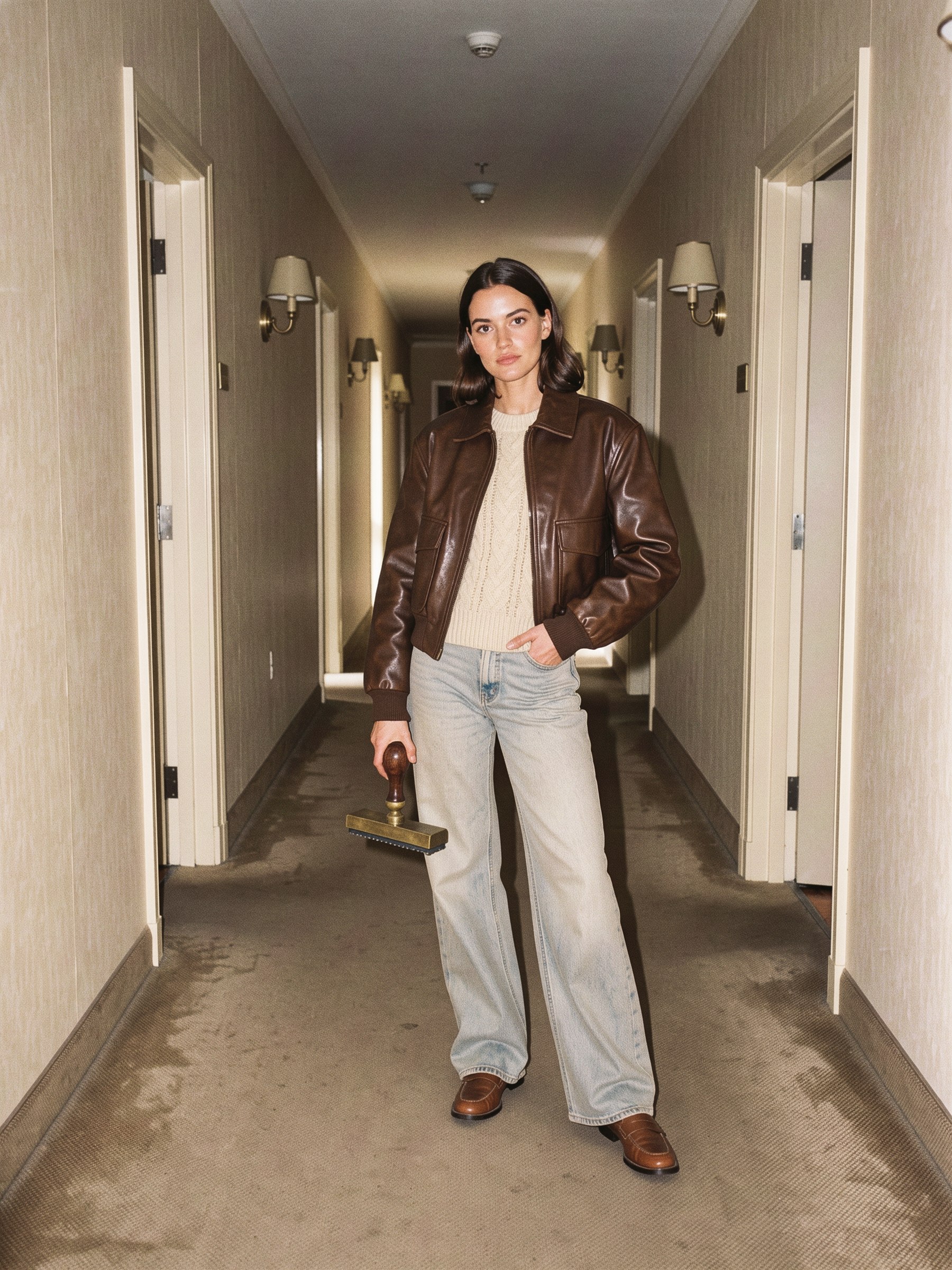Mannequin fictive en jean large, pull torsadé écru et blouson de cuir chocolat dans un couloir d'hôtel, un tampon administratif ancien à la main