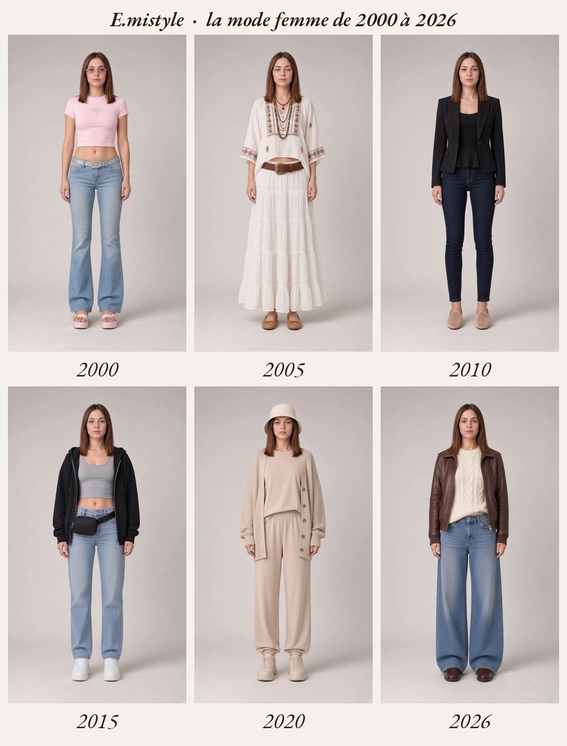 Planche en six vignettes générée par IA, mannequin fictive : 2000 baby tee rose et jean évasé taille basse, 2005 blouse brodée et jupe longue à volants, 2010 blazer noir, haut péplum et jean skinny, 2015 sweat à capuche, crop top, sac banane et jean droit, 2020 ensemble en maille beige et bob, 2026 blouson en cuir chocolat, pull torsadé écru et jean large