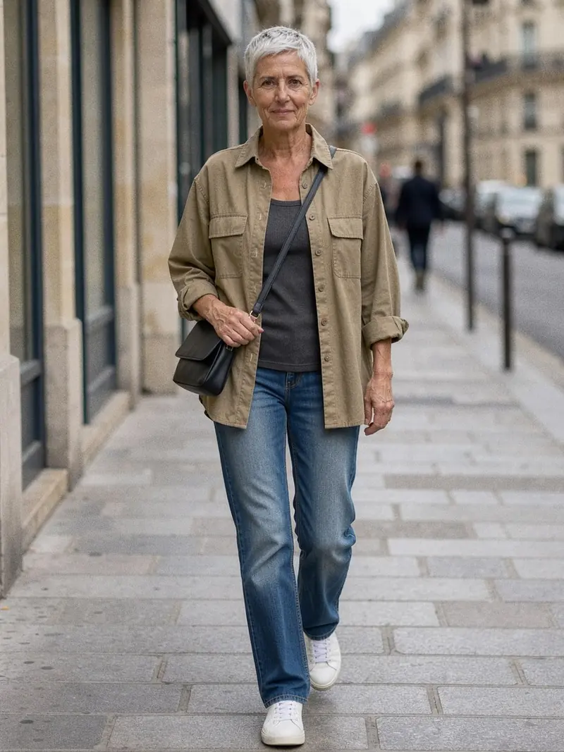 Illustration, mannequin fictif : Femme en chemise kaki ouverte sur un débardeur côtelé gris foncé, jean droit et baskets blanches, sur un trottoir.