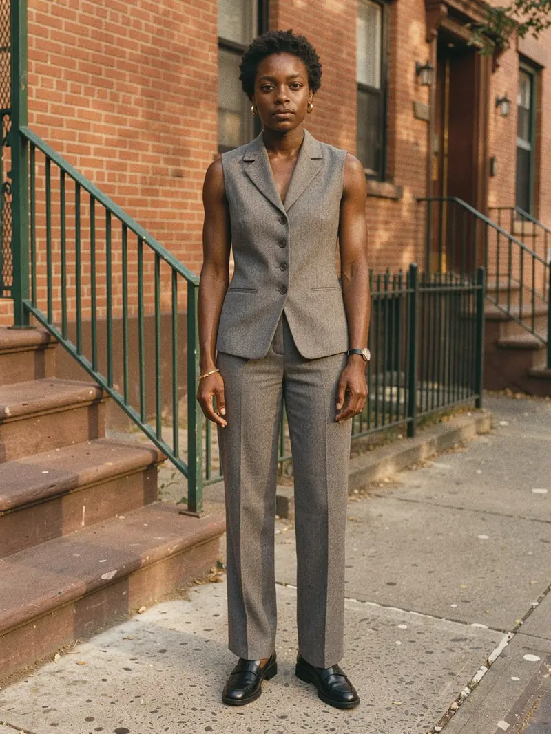 Illustration, mannequin fictif : Femme en gilet de costume gris boutonné porté seul avec un pantalon gris assorti, debout dans un open space.
