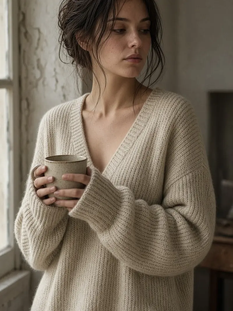 Illustration, mannequin fictif : Femme en gros pull crème en maille côtelée, une tasse à la main, près d'une fenêtre