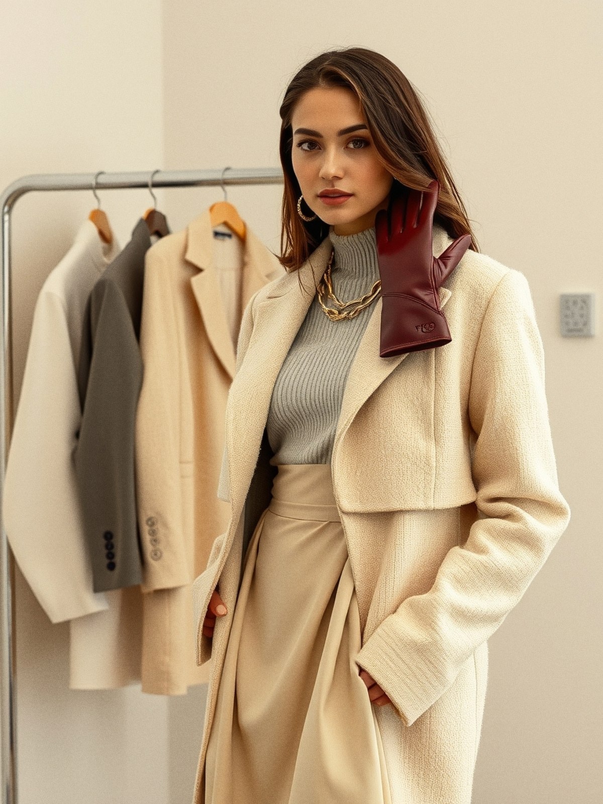Mannequin dans un rayon épuré, parcourant une penderie de pièces neutres évoquant les maisons de mode féminine mises en avant.