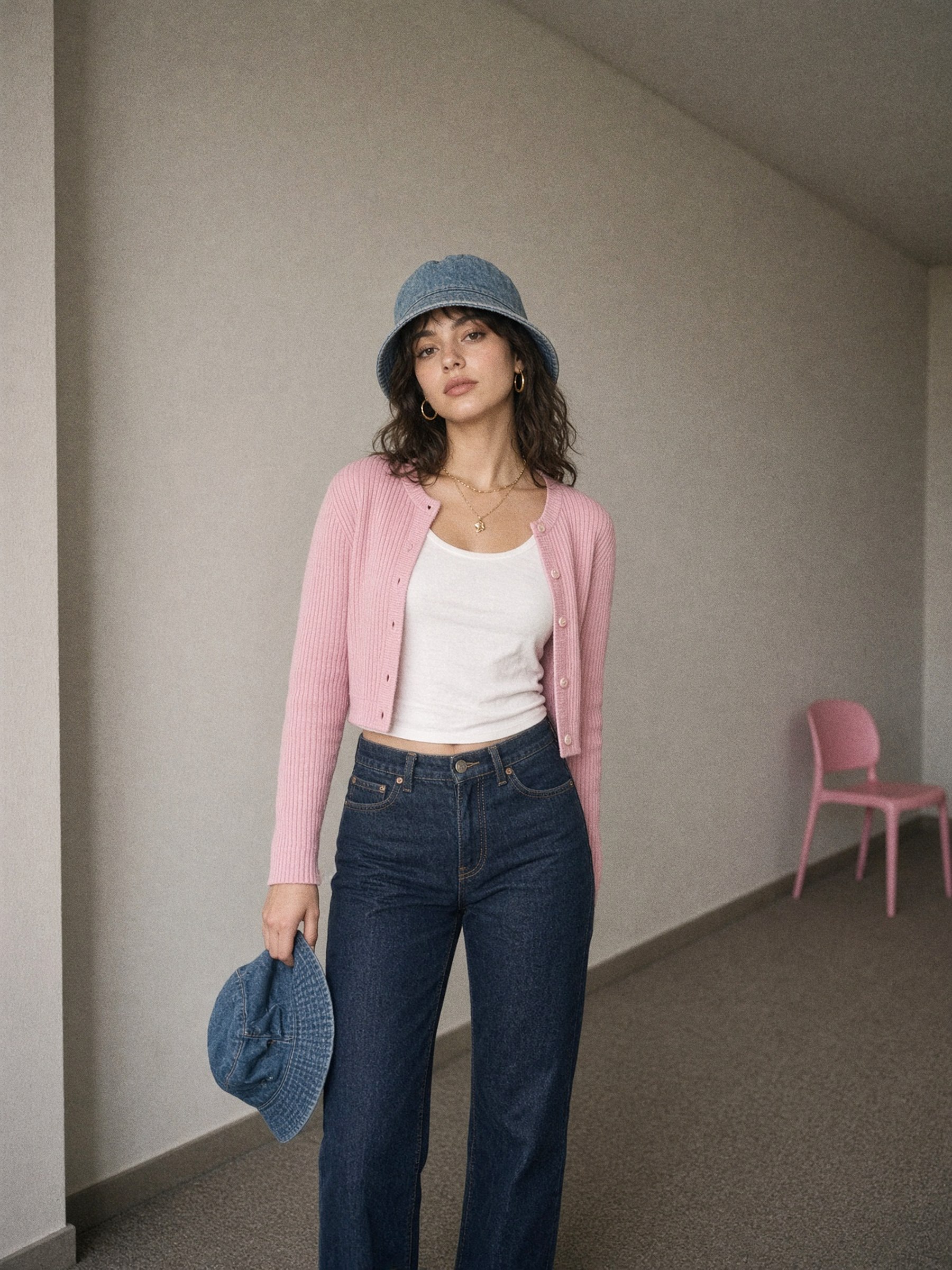 Mannequin en gilet rose bonbon ouvert sur un débardeur blanc et jean indigo foncé, bijoux dorés, couloir aux murs sourds