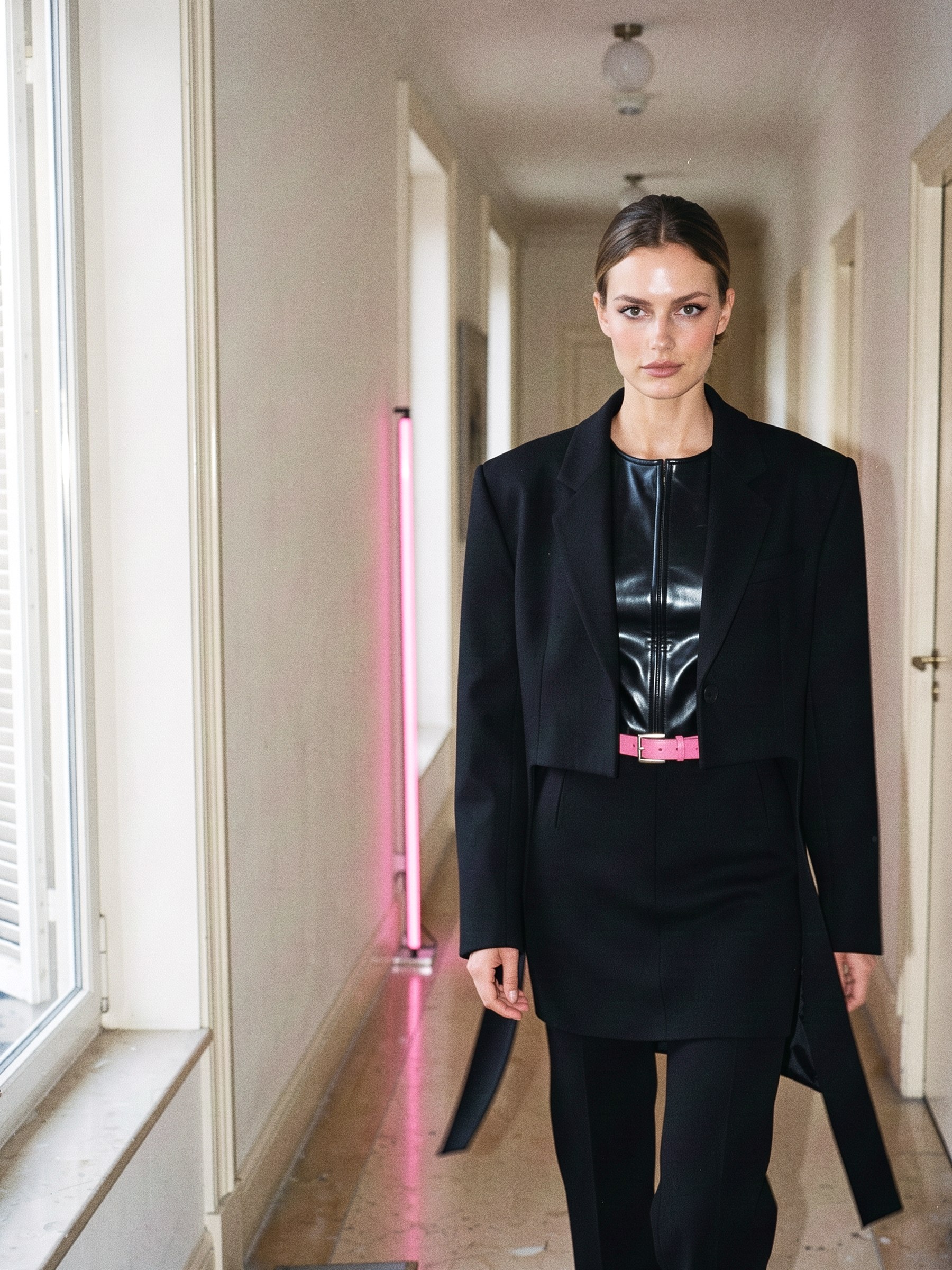 Mannequin en jupe droite noire en maille technique à ligne acérée, style éditorial argentique, néon rose en fond.