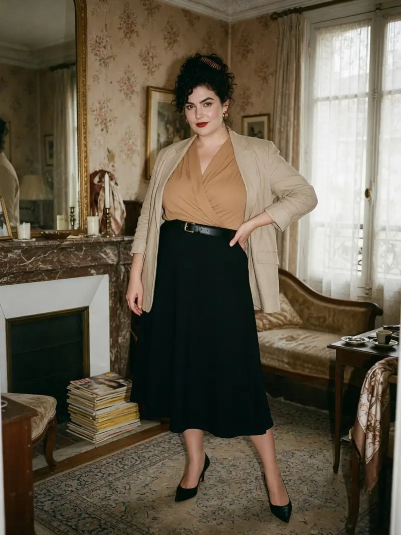 Comment s'habiller quand on a du ventre : les matières qui suivent la journée : look 10