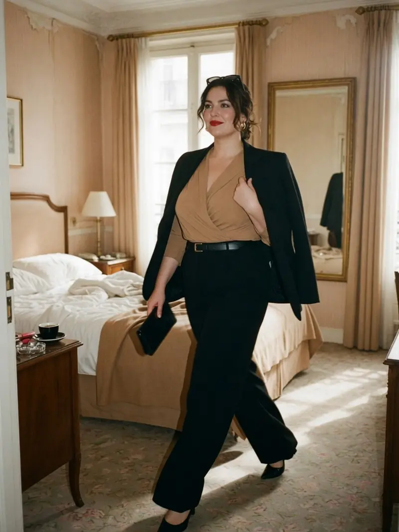Comment s'habiller quand on a du ventre : les matières qui suivent la journée : look 14