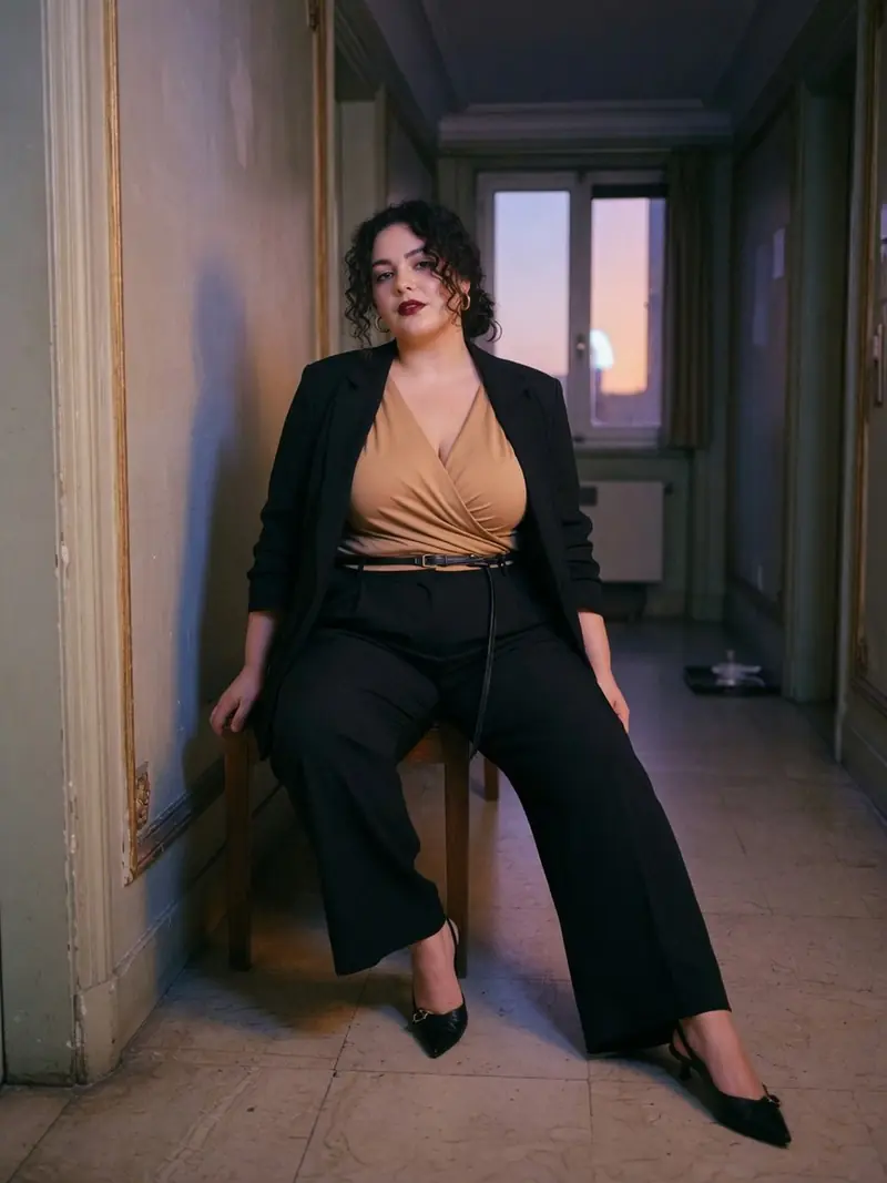 Comment s'habiller quand on a du ventre : les matières qui suivent la journée : look 15