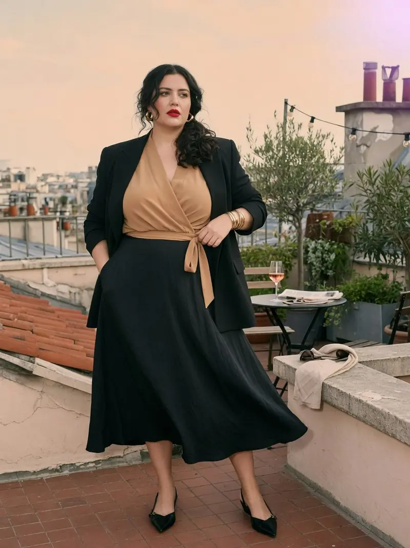 Comment s'habiller quand on a du ventre : les matières qui suivent la journée : look 16
