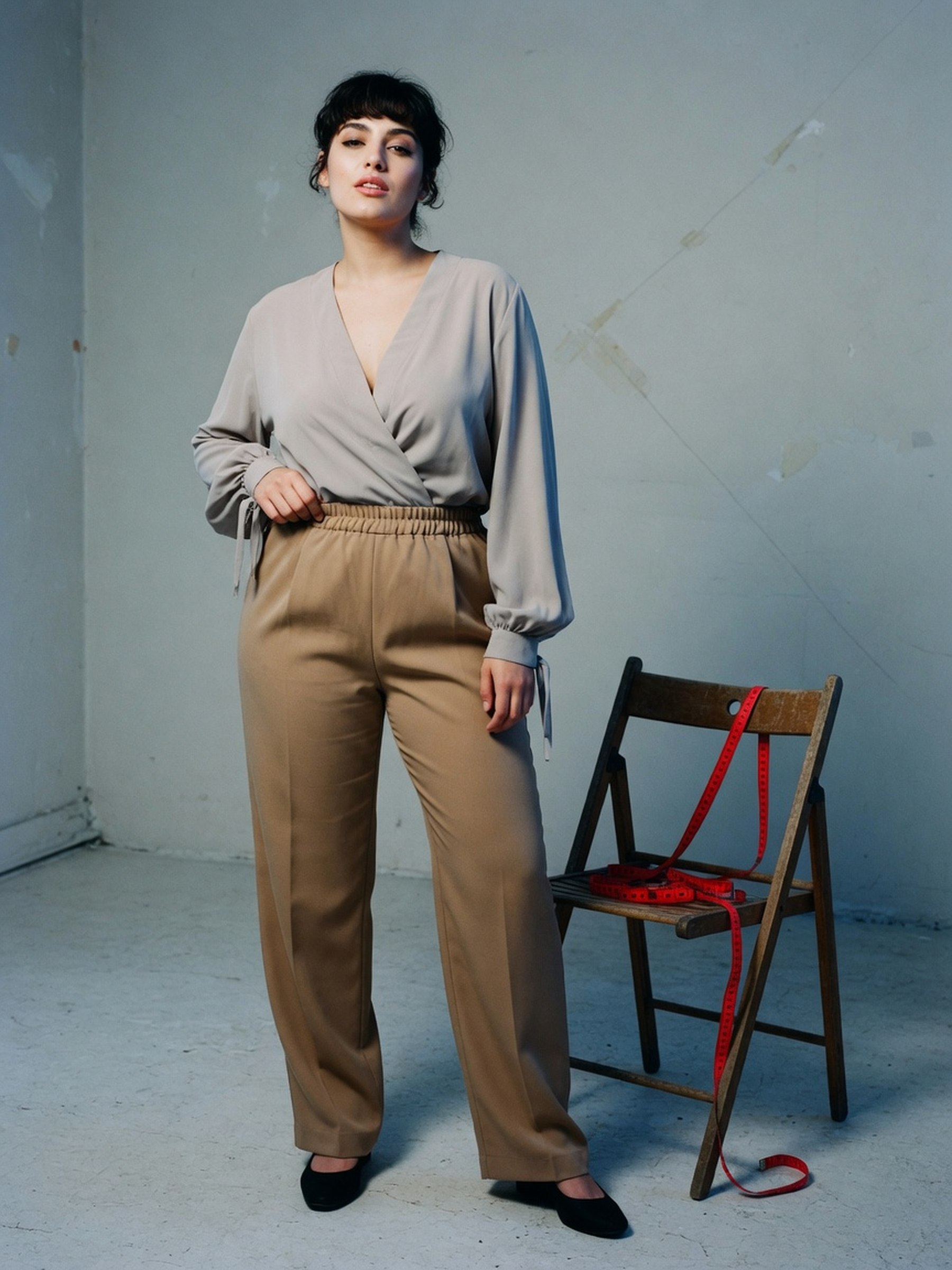 Mannequin en pantalon taille haute élastiqué et gilet ouvert, silhouette de mode éditoriale en pleine lumière
