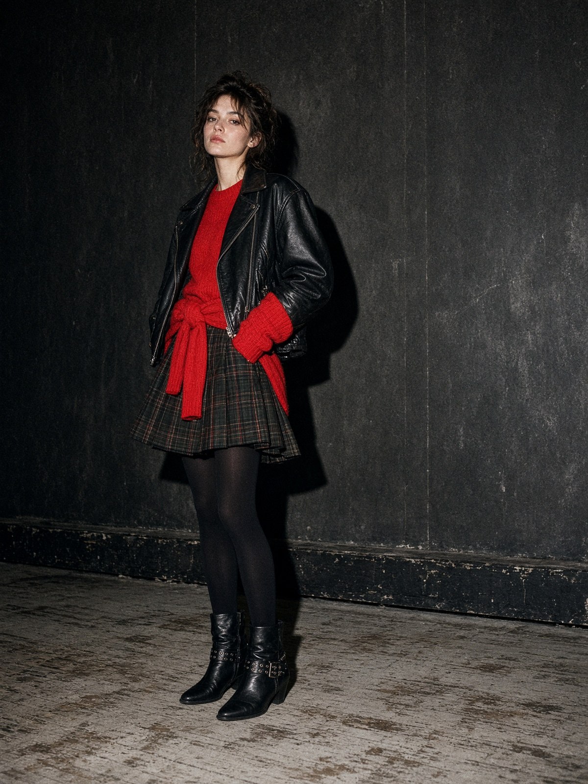 Mannequin en veste de cuir noire, pull écarlate noué à la taille, jupe trapèze en tartan, ceinture cloutée et bottines