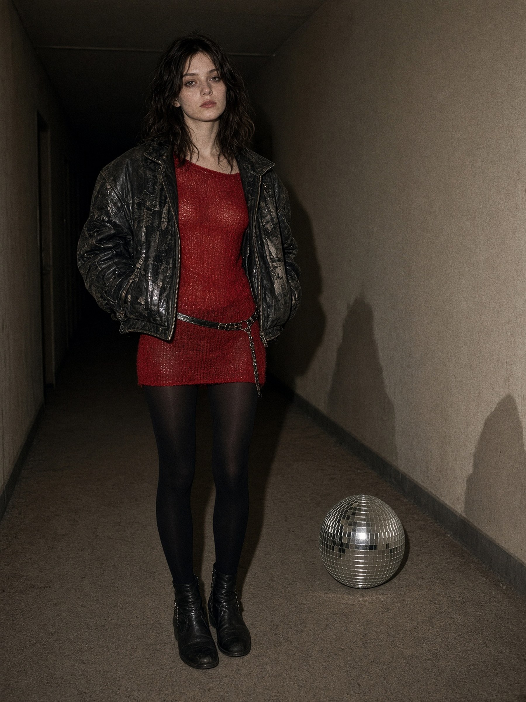 Mannequin en veste de cuir noire, pull écarlate et jupe trapèze en tartan, dans un couloir d'hôtel