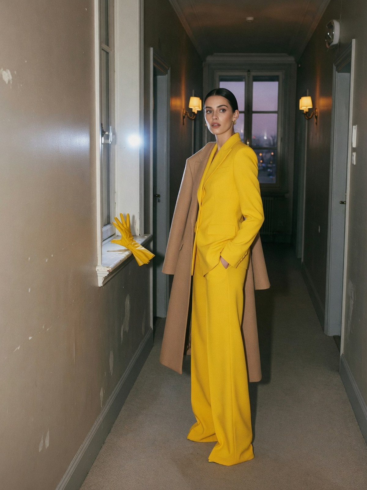 Mannequin portant un pull en maille jaune beurre sous un manteau camel, dans un couloir d'hôtel