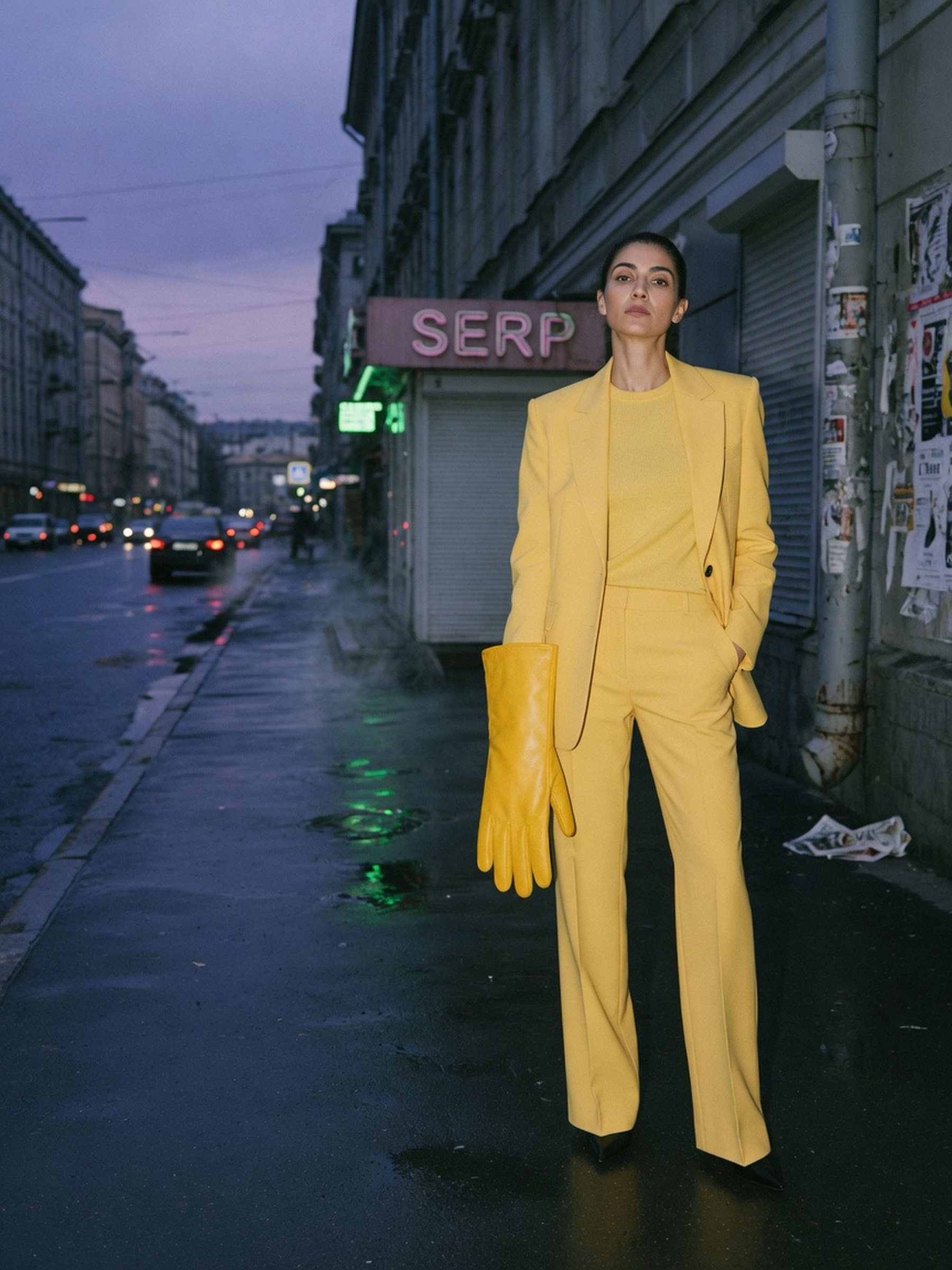 Mannequin en total look jaune beurre, manteau et pull assortis, pose éditoriale dans un décor urbain au crépuscule