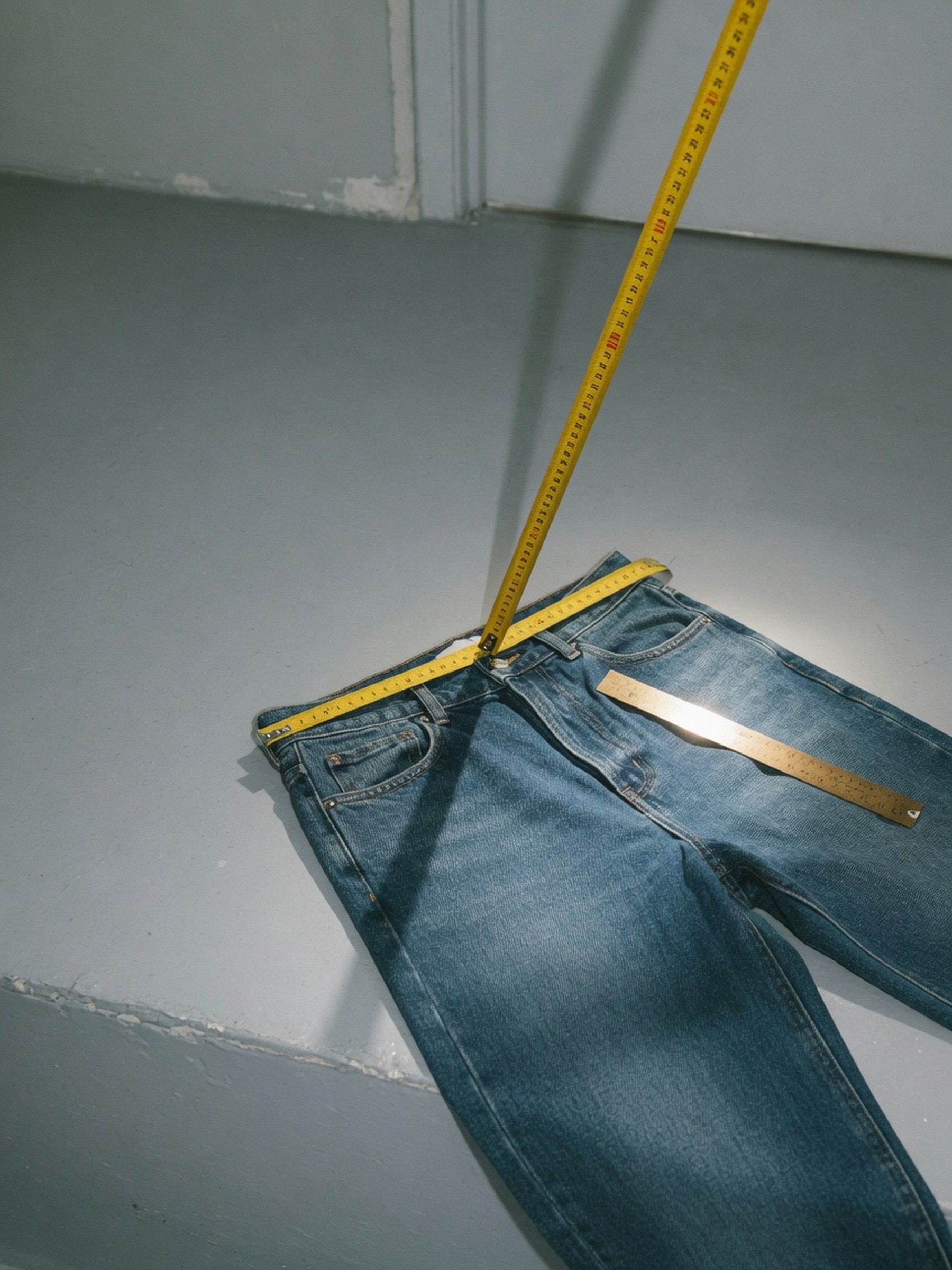 Nature morte éditoriale : un jean droit taille haute posé à plat avec un mètre ruban mesurant la hauteur de taille, lumière de flash directe, fond neutre.