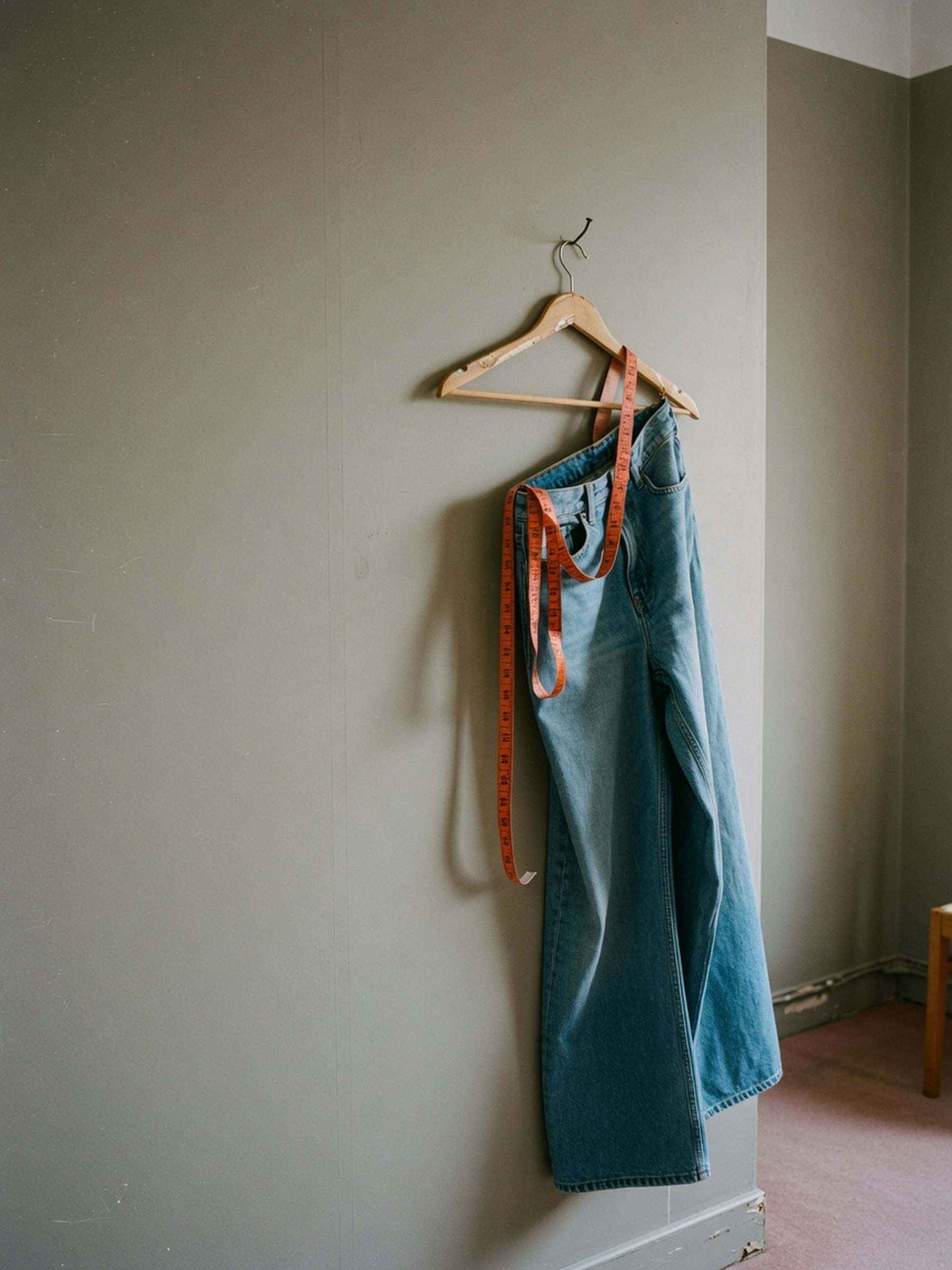 Un jean large taille haute suspendu sur un cintre en bois, avec un mètre ruban enroulé autour de la ceinture, dans un décor épuré aux tons neutres.