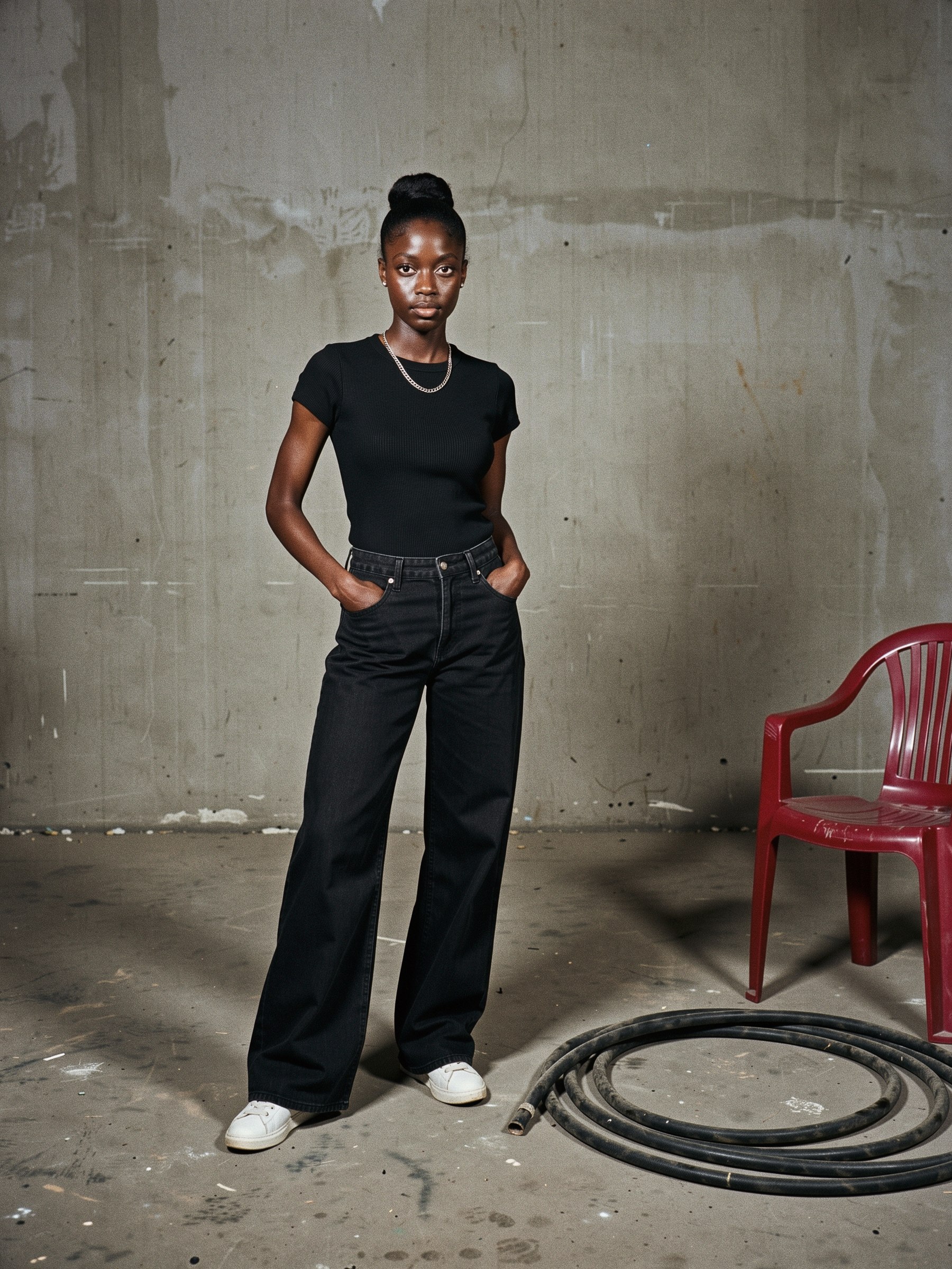 Mannequin en jean baggy noir et top noir ajusté, debout dans un studio nu, flash direct