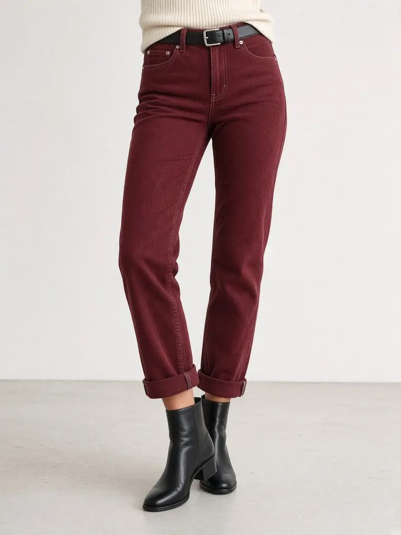 Illustration, mannequin fictif : Bas de jambe d'un jean bordeaux taille haute à ourlet replié, couture latérale visible, avec bottines noires plates et pull écru.