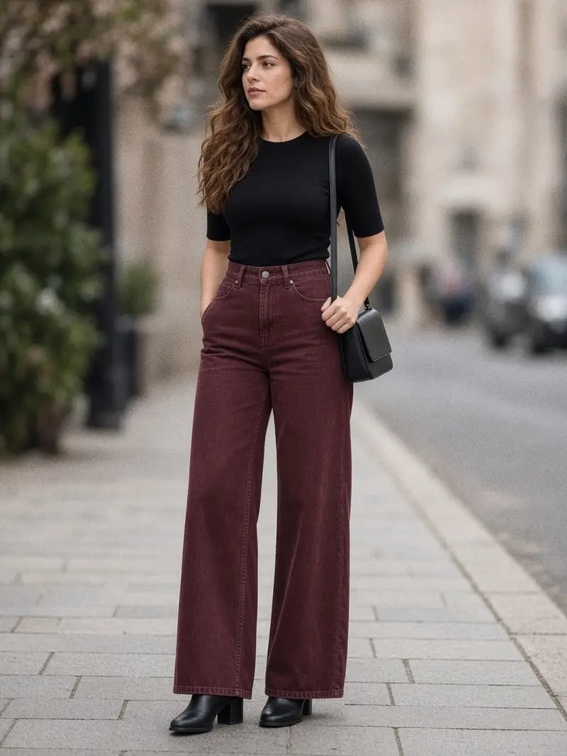 Illustration, mannequin fictif : Femme en jean bordeaux wide leg taille haute, pull noir fin à col ras du cou, bottes noires à talon carré et petit sac porté à l'épaule.